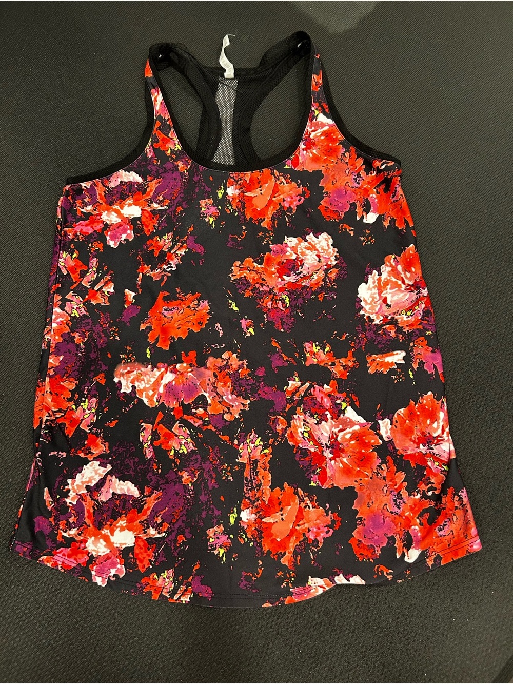 Fabletics Black Tank Top with Red, Pink, & Purple Floral Print